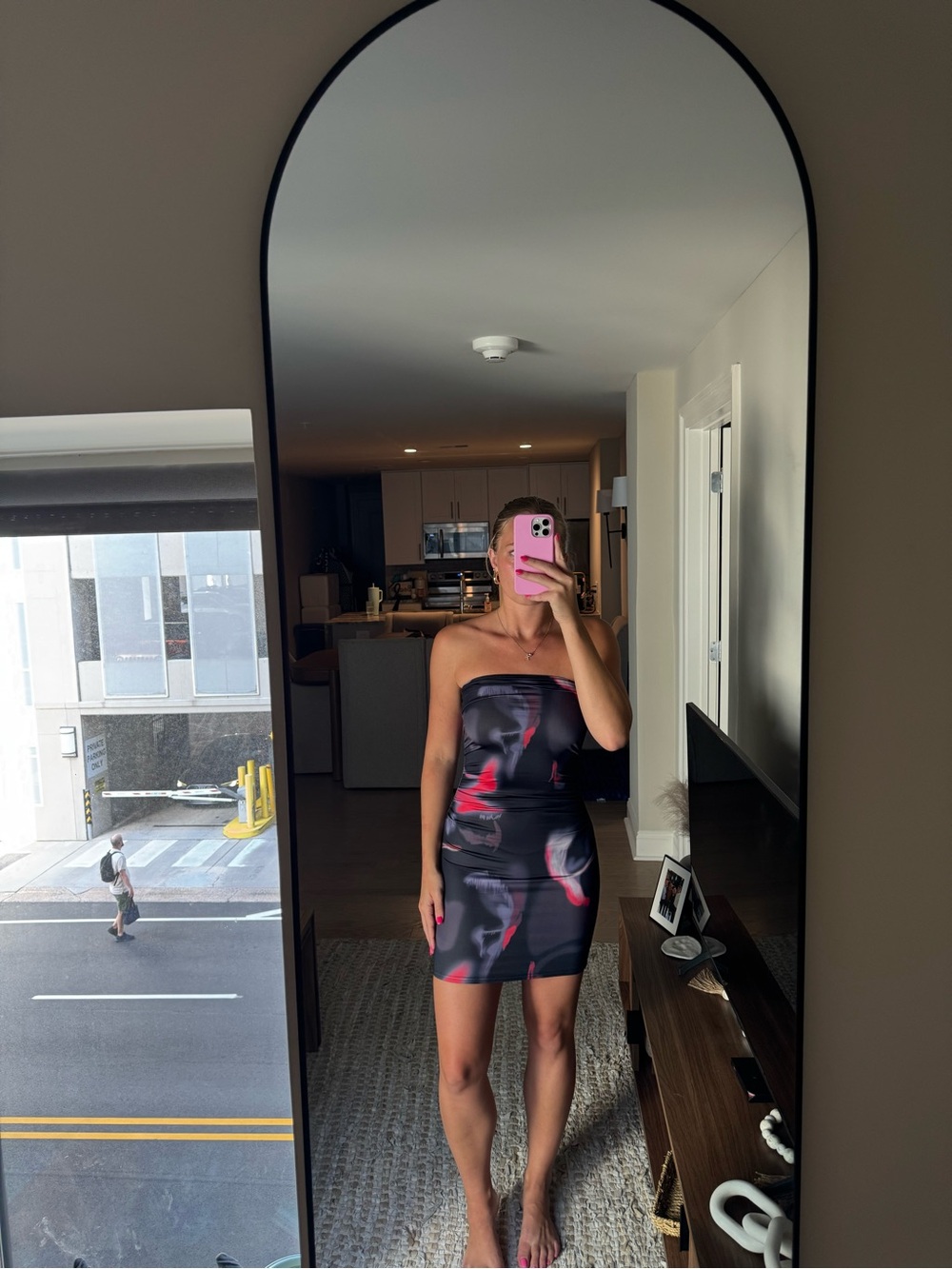 Amazon Strapless Black Dress with Red Accent Print